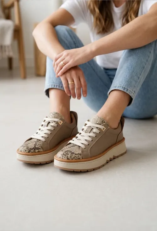 Pantofi dama taupe din piele cu imprimeu si ornament picture - 3