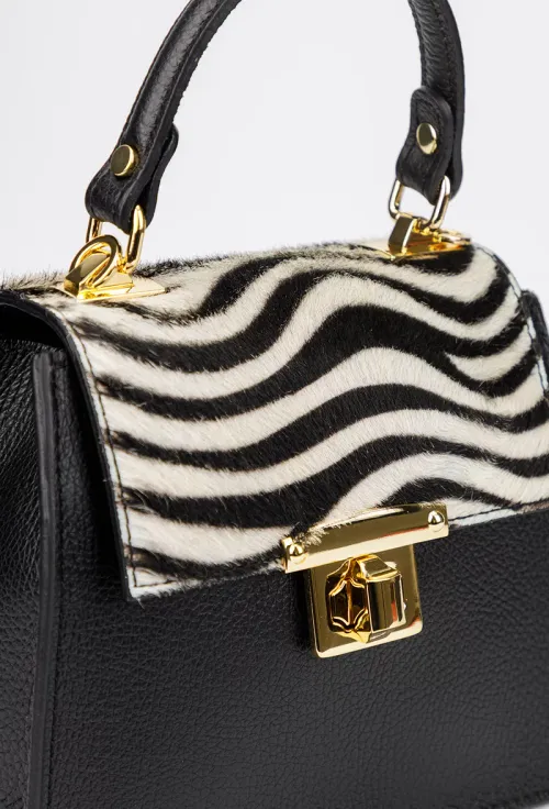 Poseta dama neagra din piele texturata cu detalii zebra picture - 3
