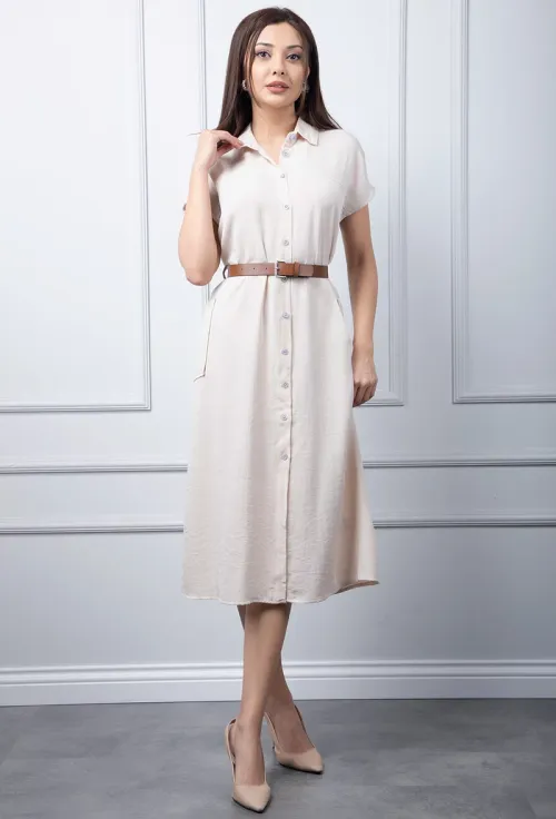 Rochie bej cu inchidere nasturi picture - 4