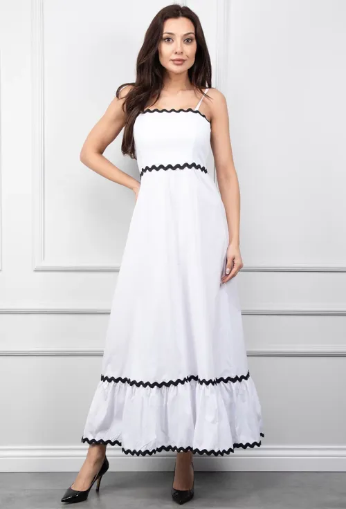 Rochie lunga alba cu detalii negre picture - 2