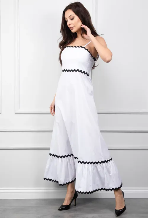 Rochie lunga alba cu detalii negre picture - 3