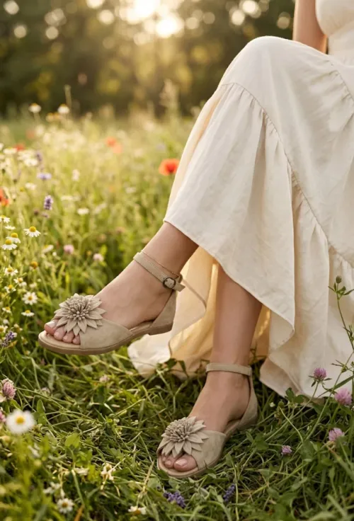 Sandale dama bej din piele intoarsa cu detaliu floare picture - 2