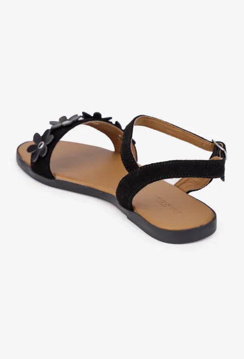 Sandale dama din piele intoarsa neagra cu ornament flori picture - 4
