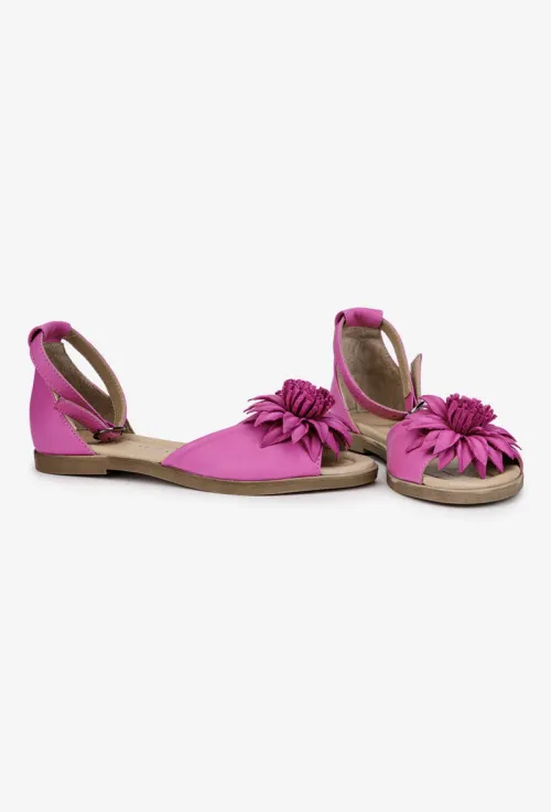 Sandale dama din piele roz cu detaliu floare picture - 7