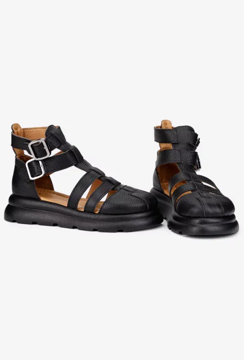 Sandale dama NUR negre din piele texturata cu multe barete picture - 8
