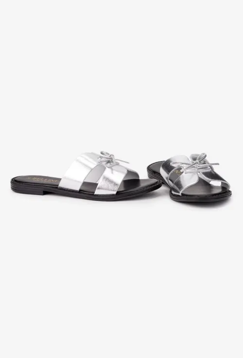 Sandale tip papuc dama din piele argintie cu funda subtire picture - 5