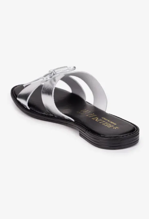 Sandale tip papuc dama din piele argintie cu funda subtire picture - 3