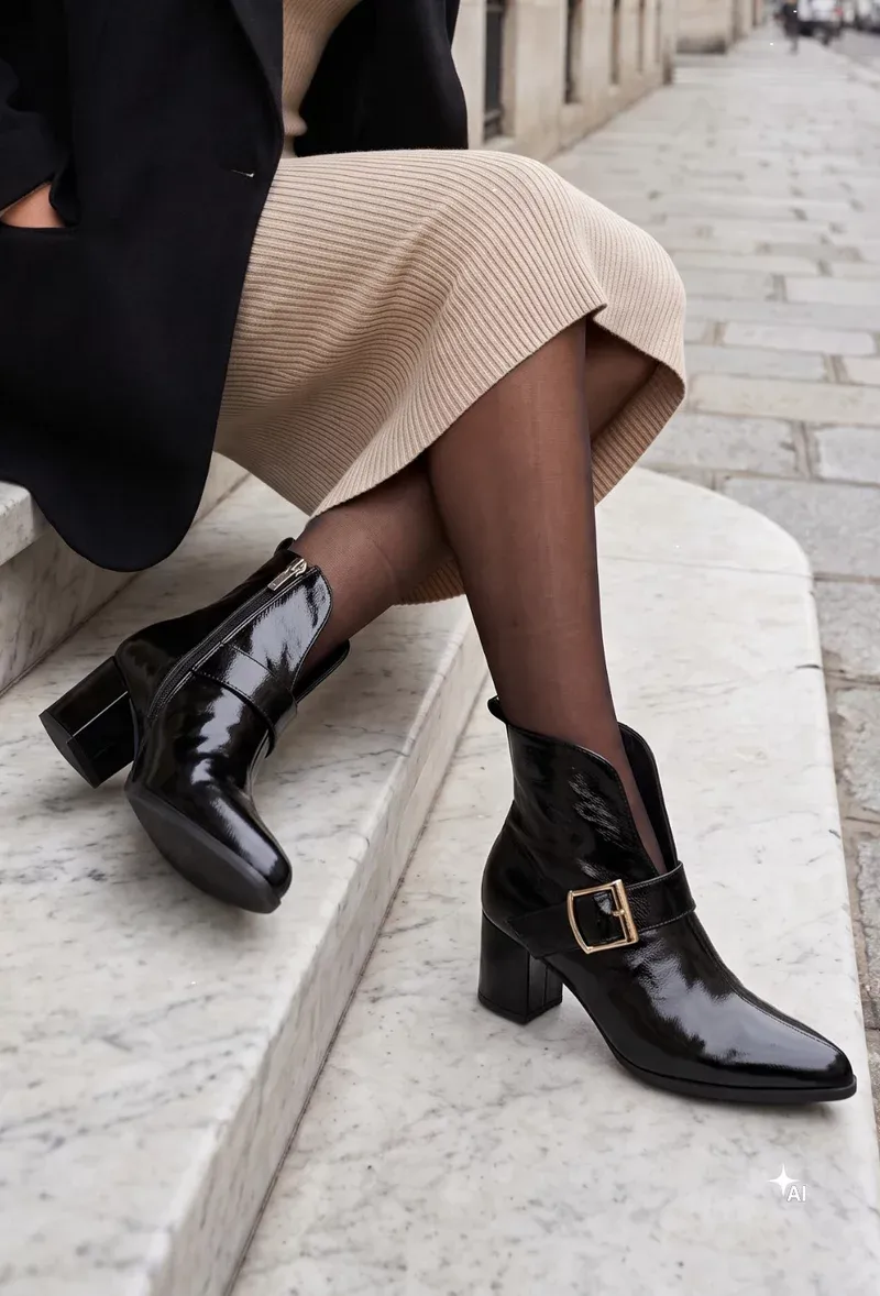 Botine dama NUR din piele neagra lacuita - Dasha.ro