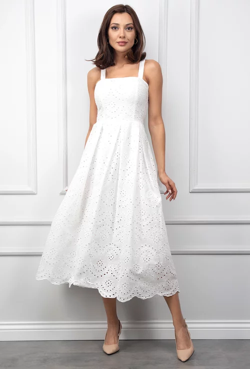 Rochie alba cu bretele si model perforat