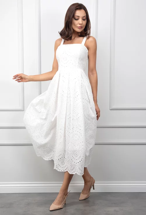 Rochie alba cu bretele si model perforat