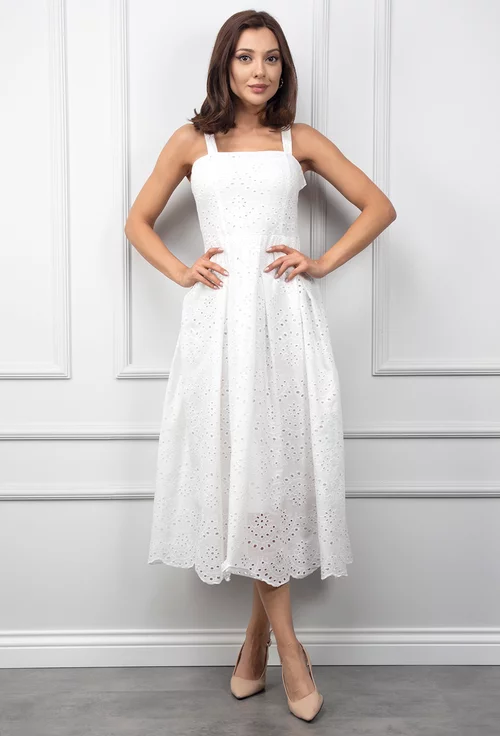 Rochie alba cu bretele si model perforat