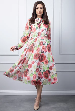 Rochie alba cu imprimeu floral multicolor