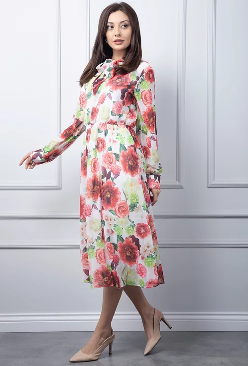 Rochie alba cu imprimeu floral multicolor