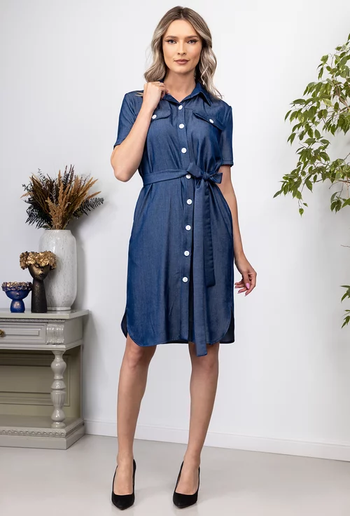Rochie albastra cu buzunare si nasturi