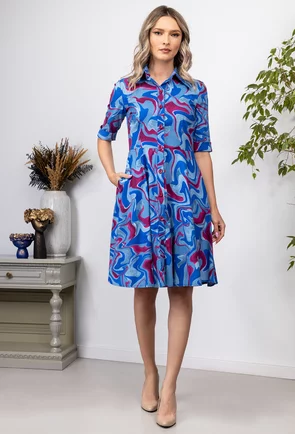 Rochie albastra cu imprimeu si nasturi