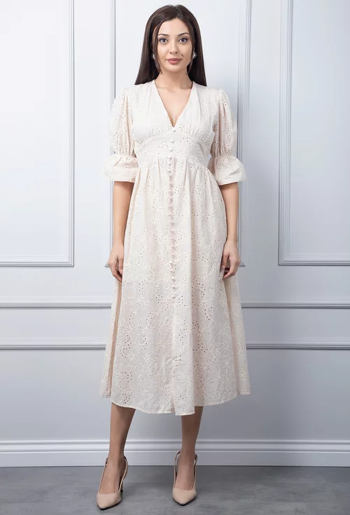 Rochie bej cu decolteu in V