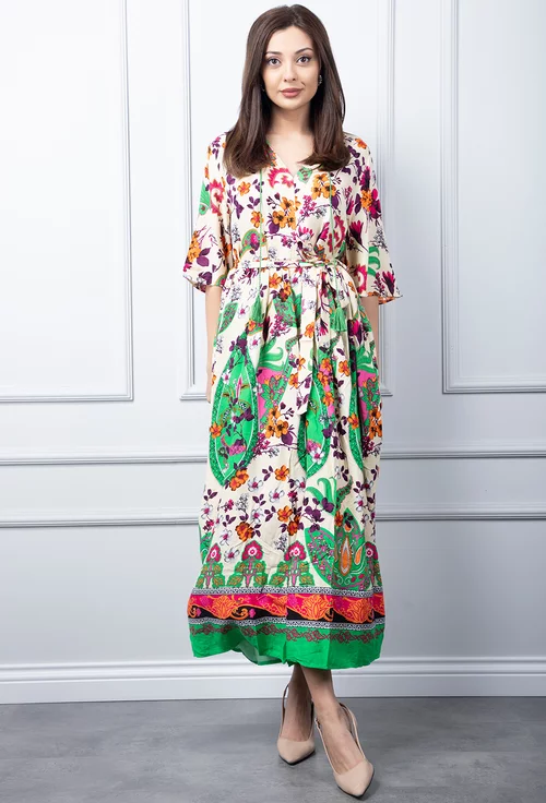 Rochie bej cu imprimeu colorat