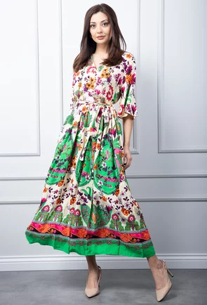 Rochie bej cu imprimeu colorat