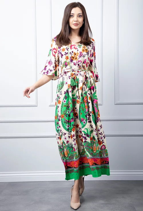 Rochie bej cu imprimeu colorat