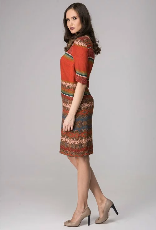 Rochie caramizie cu imprimeu multicolor Sanda