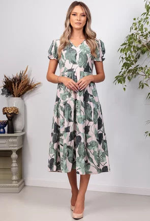 Rochie cu imprimeu verde si volane late