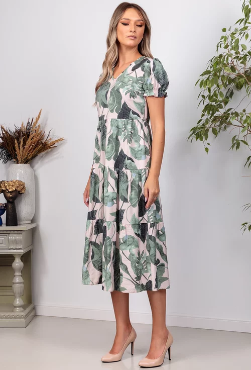 Rochie cu imprimeu verde si volane late