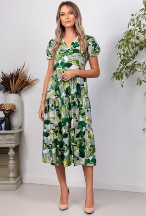Rochie cu imprimeu verde si volane late