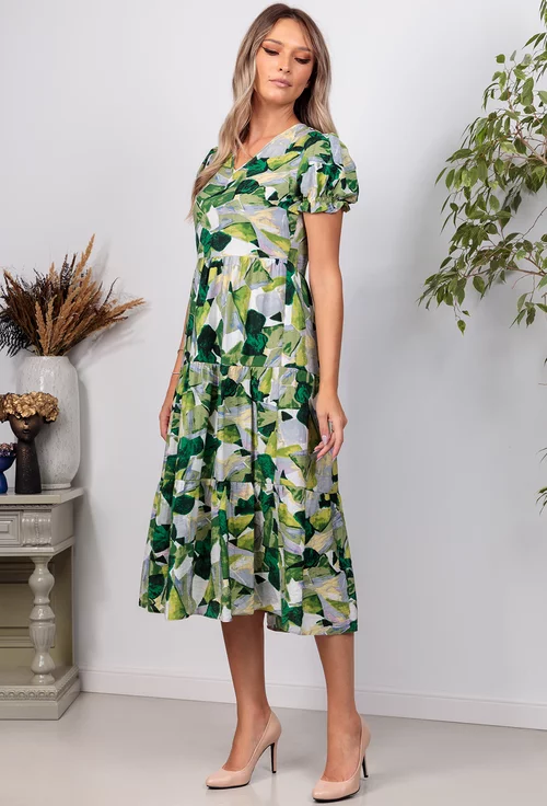 Rochie cu imprimeu verde si volane late