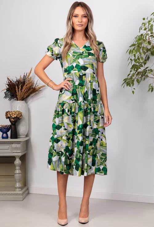 Rochie cu imprimeu verde si volane late