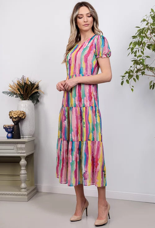 Rochie diafana multicolora cu volane late