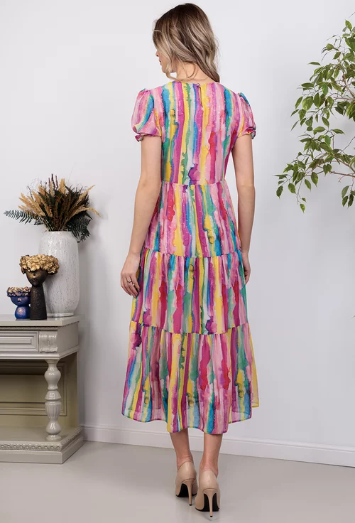 Rochie diafana multicolora cu volane late