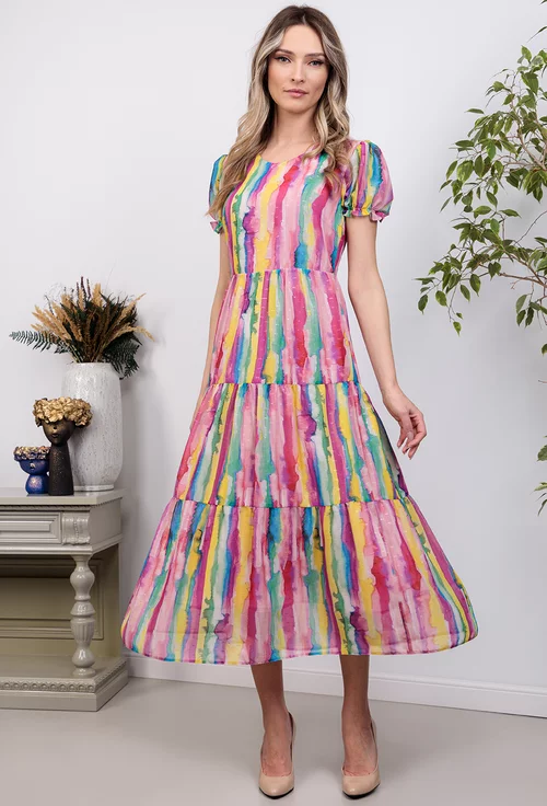 Rochie diafana multicolora cu volane late