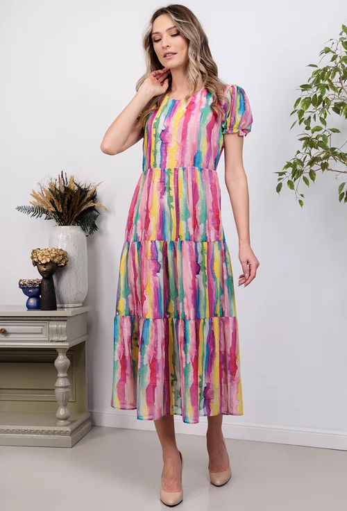 Rochie diafana multicolora cu volane late