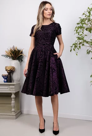 Rochie eleganta mov cu imprimeu negru