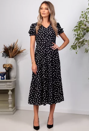 Rochie neagra cu buline si volane late