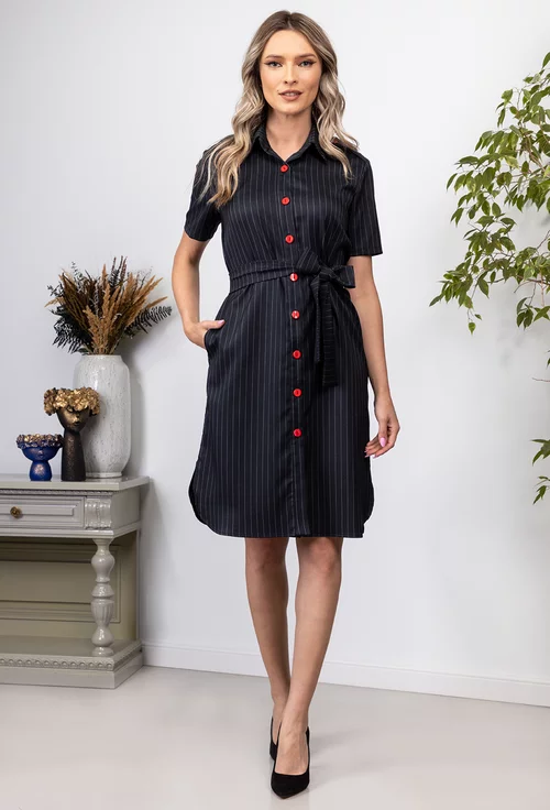 Rochie neagra cu dungi si buzunare