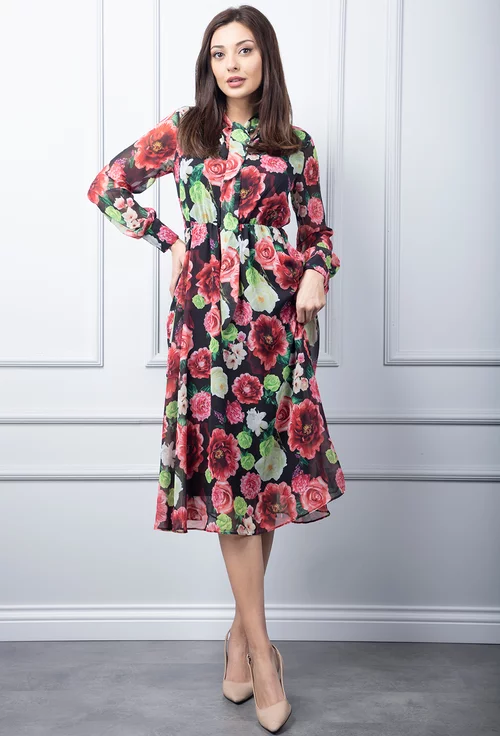 Rochie neagra cu imprimeu floral multicolor