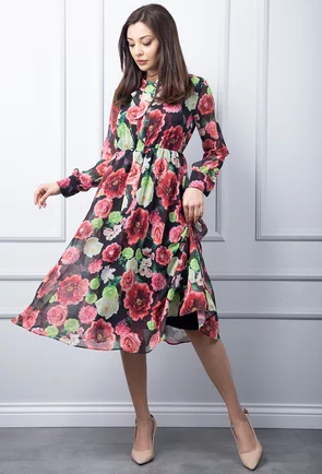 Rochie neagra cu imprimeu floral multicolor