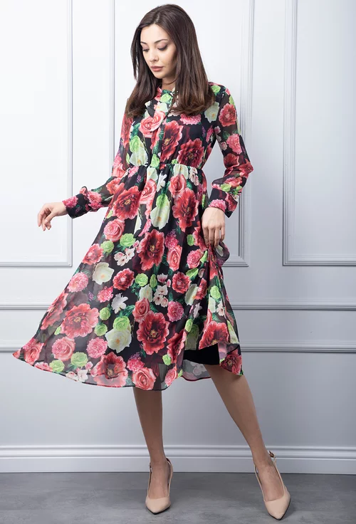 Rochie neagra cu imprimeu floral multicolor