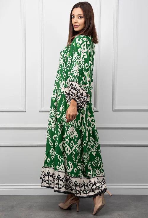 Rochie verde cu imprimeu si maneci lungi