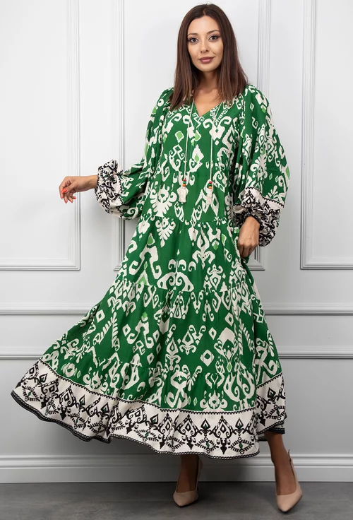 Rochie verde cu imprimeu si maneci lungi