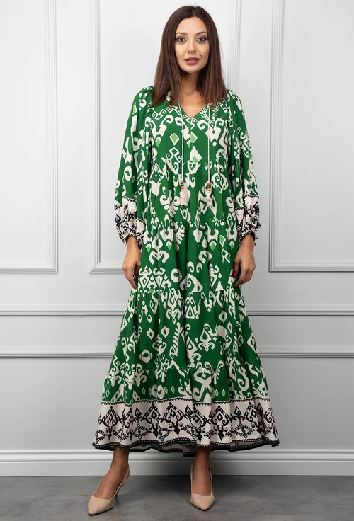 Rochie verde cu imprimeu si maneci lungi