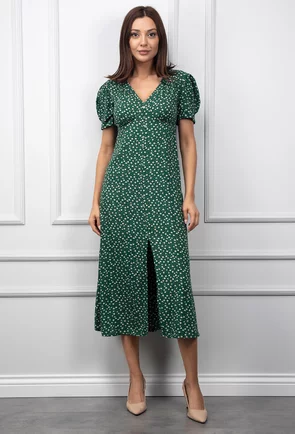 Rochie verde cu nasturi si detalii flori S