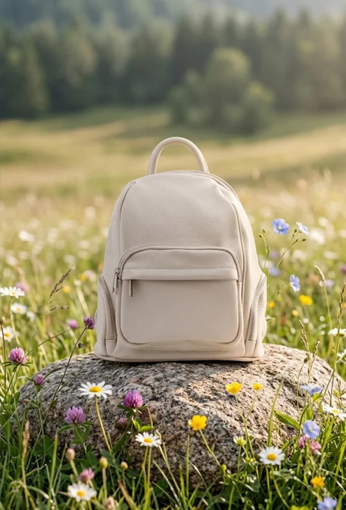 Rucsac dama bej deschis din piele cu buzunare
