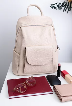 Rucsac dama bej deschis din piele texturata cu buzunar