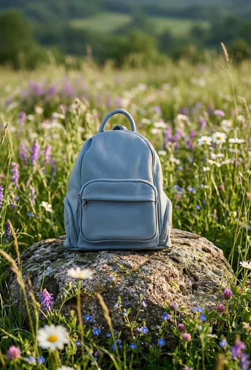 Rucsac dama bleu din piele cu buzunare picture - 5