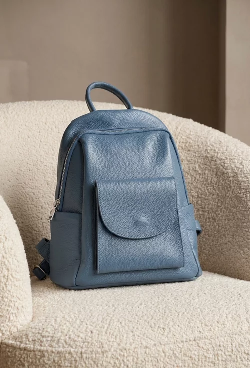 Rucsac dama bleu din piele texturata cu buzunar