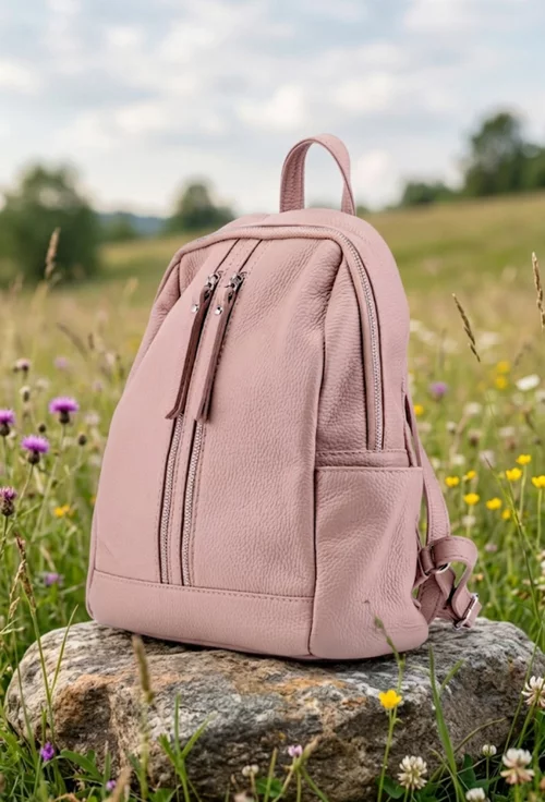 Rucsac dama din piele naturala roz pudra picture - 4