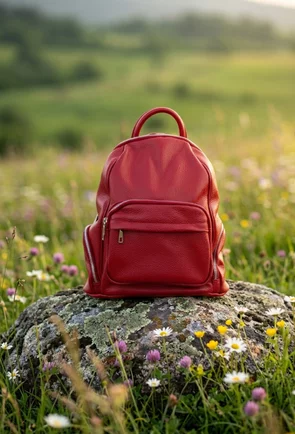 Rucsac dama rosu din piele cu buzunare