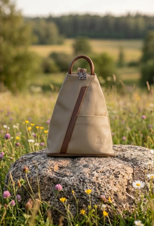 Rucsac dama taupe cu maro din piele texturata picture - 4